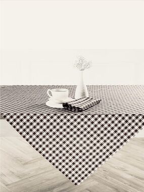 Solino Home Morgan Check 52” Square Table Throw 100% Linen Black Cream Plaid NEW